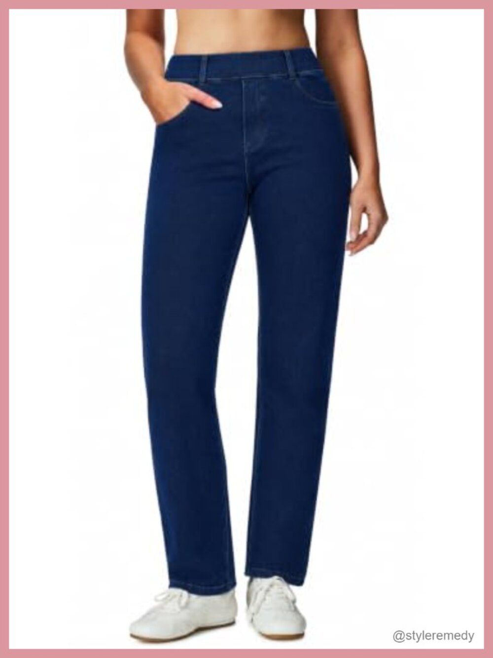 Stretchy Pull On High Waisted Straight Leg Jeans